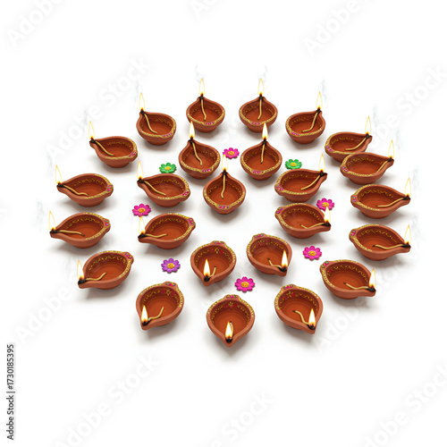 Dazzling Diwali diya arrangement creating a vibrant, festive glow with traditional clay lamps and colorful flowers