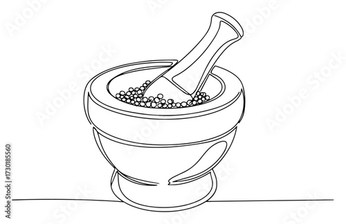 Mortar and Pestle with Spices for Grinding Continuous Line Drawing
