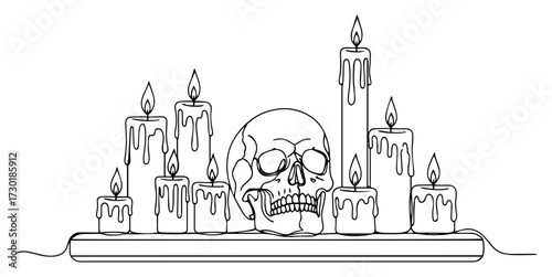 Continuous Line Drawing of a Skull with Burning Candles for an Occult Ritual