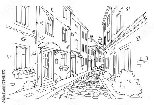 One Line Drawing of a Charming Old Cobblestone Street in a European Town