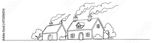 Continuous One Line Drawing of a Cozy Village Scene with Houses