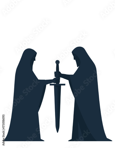 Hooded Figures Passing Sword Mystical Encounter Power Transfer