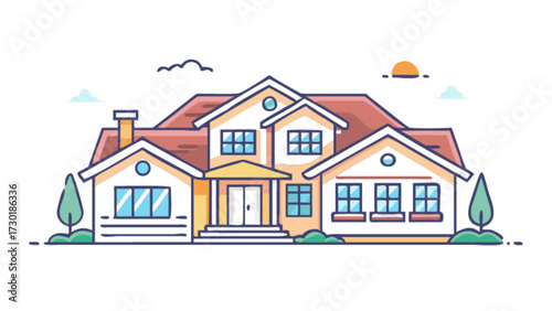 Illustration of a large two story house with a red roof and a chimney under a cloudy sky with a sun