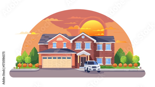 Illustration of a two story brick house with a car parked in front during a sunset scene view