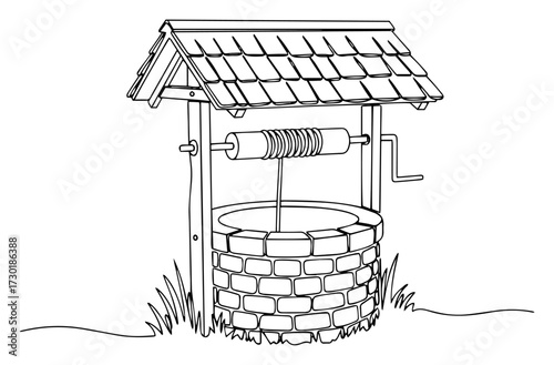 Old Stone Water Well in a Single Continuous Line Drawing
