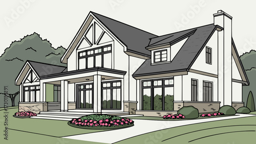 Illustration of a two story house with a chimney and a gray roof surrounded by green trees and bushes