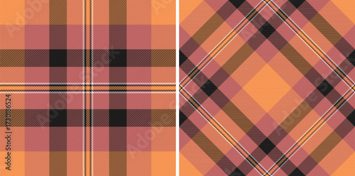 Warmtoned textile with a classic plaid pattern. Rich orange, black and red hues evoke a sense of comfort. Ideal for fashion, backgrounds, and cozy designs.