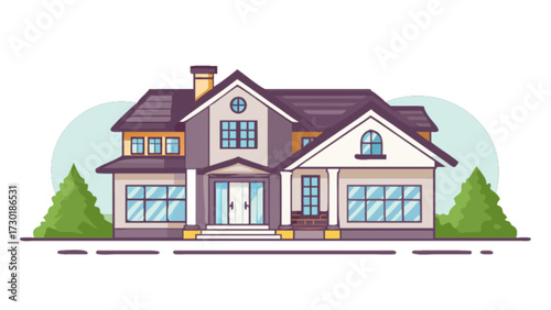 Illustration of a two story house with a chimney and trees on either side of the house in the front yard