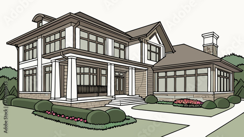 Illustration of a large two story house with a porch and manicured landscaping in a suburban setting