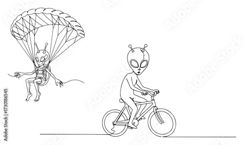 Funny Alien Parachuting and Riding a Bicycle Line Art Set