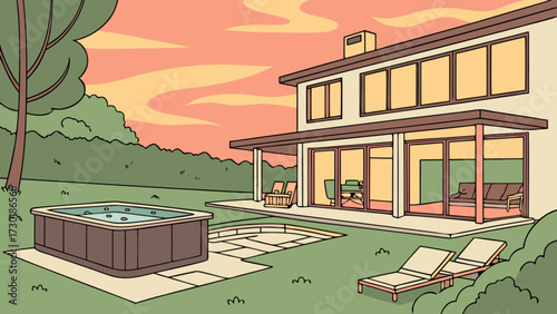 Illustration of a modern house with a hot tub and lounge chairs in the backyard at sunset time