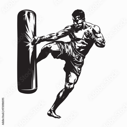 Kickboxing Fighter Kicking Heavy Bag for Training Vector on White Background