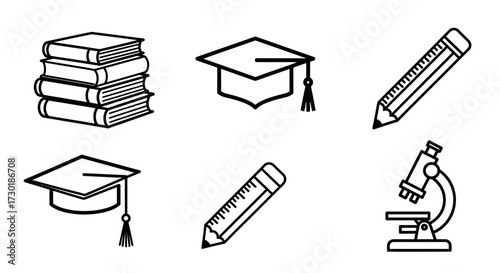 Celebrate learning and achievement with education icons featuring books, graduation caps, pencils, and a microscope for back to school projects