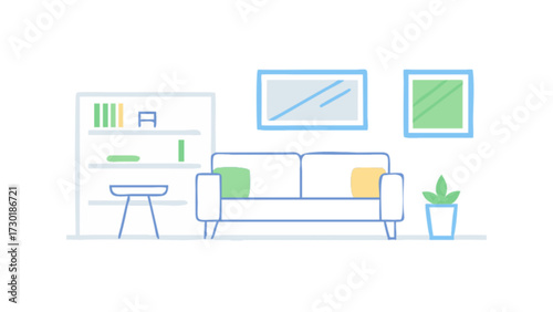 Illustration of a living room with a couch bookshelf pictures and a plant in a minimalist style