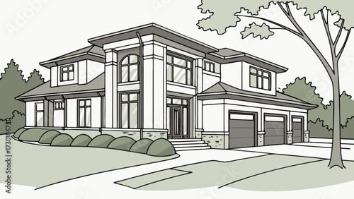 Illustration of a two story house with a three car garage and a large tree in the front yard