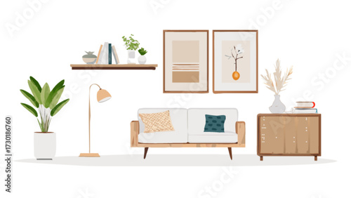 Illustration of a living room setup with a couch, plants, art, and shelf with books and decorations