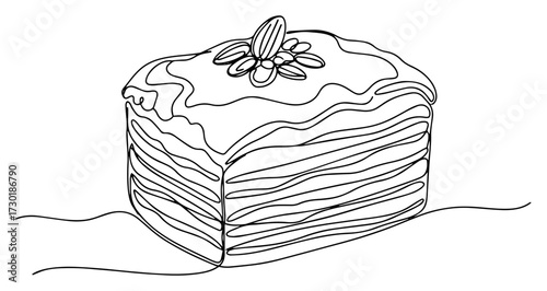 Slice of Layered Cake with Almond Topping One Line Drawing