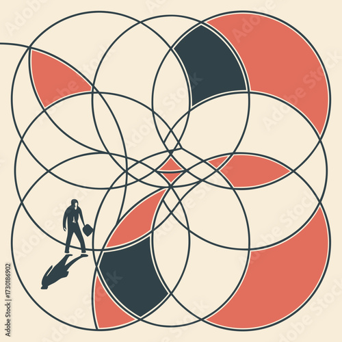 A lone businessman in a suit holding a briefcase stands on a light cream background amidst a complex geometric pattern of overlapping dark blue and coral circles and lines