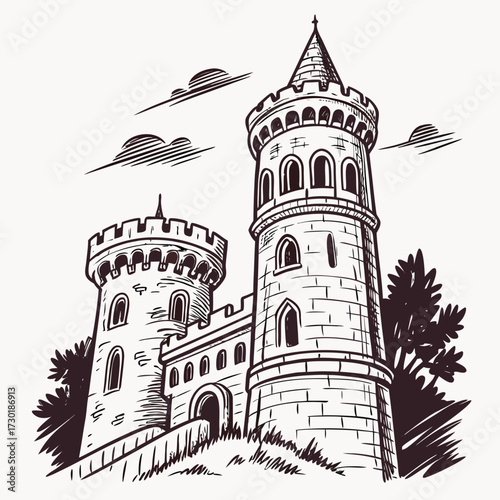 A majestic stone castle with two prominent towers and crenellated battlements stands proudly against a sky with stylized clouds rendered in a classic black and white sketch style