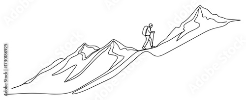 Continuous Line Art of a Hiker Climbing a Snowy Mountain Peak