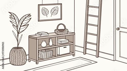 Illustration of an interior scene featuring a bookshelf, plant, ladder, and framed artwork on the wall