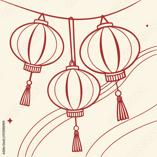 A simple line drawing of three traditional red chinese lanterns with tassels hanging from a string against a cream background with curved lines and small star shapes