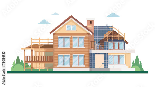 Illustration of a two story house with a porch and an addition under construction on the right side