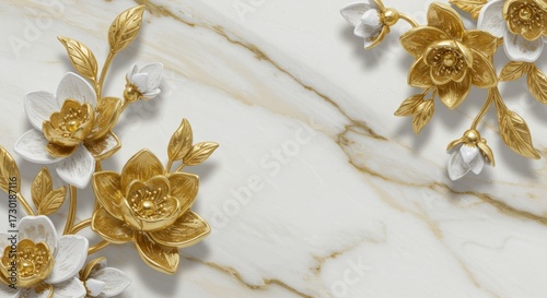 White marble wallpaper with gold leaves — minimalist luxury botanical mural in 3D embossed style
