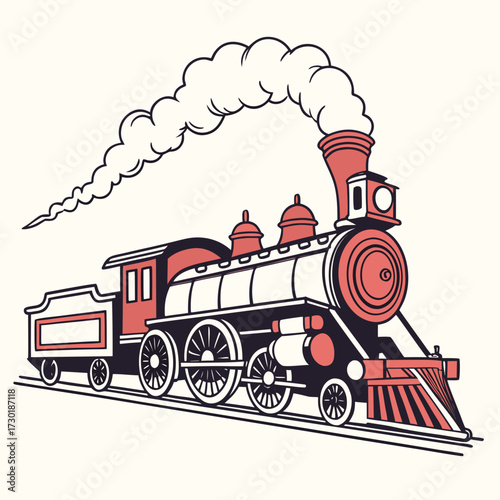 A vintage steam locomotive with billowing smoke travels along railroad tracks depicted in a classic retro illustration style with bold outlines and a limited color palette of red black and cream