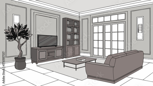Illustration of a living room with a sofa, tv, bookshelf, plant, and a coffee table on a rug