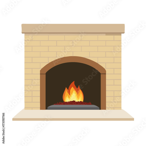 Classic Brick Fireplace with Arch Vector. Cozy Fire and Hearth for Home Interior Design