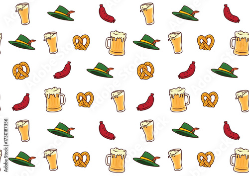 Octoberfest seamless pattern design. Vector design of bavarian hat, pretzel, sausage, beer glass. German cultural festival.