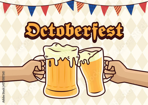 Octoberfest celebration banner template. Beer mugs, cheers symbols. Horizontal vector illustration with a square pattern background.