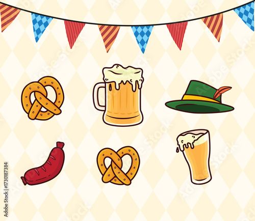 Oktoberfest graphic elements design set. Vector design of bavarian hat, pretzel, sausage, beer mug, colorful pennants. Light yellow rhombus pattern.