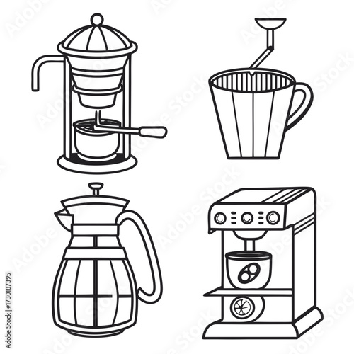 Collection of stylized line art illustrations depicting various coffee making devices including a french press a pour over coffee maker a stovetop espresso maker and a modern coffee machine