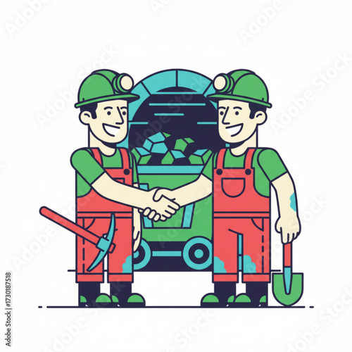 Two miners wearing helmets and overalls are shaking hands in front of a mine cart filled with minerals, showing teamwork and cooperation.