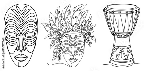 Set of African Tribal Masks and a Djembe Drum in One Line Art