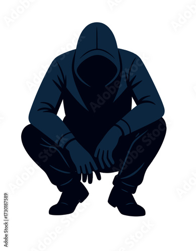 Hooded Figure Squatting Hacker Silhouette Anonymous Person Illustration