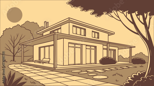 Illustration of a modern house with a flat roof surrounded by trees and a stone path in sepia tones