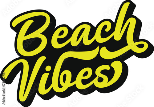 Beach Vibes retro groovy 3D script lettering with bold black shadow sticker