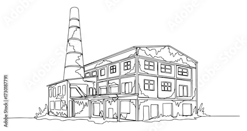 One Line Drawing of an Old Abandoned Factory Building