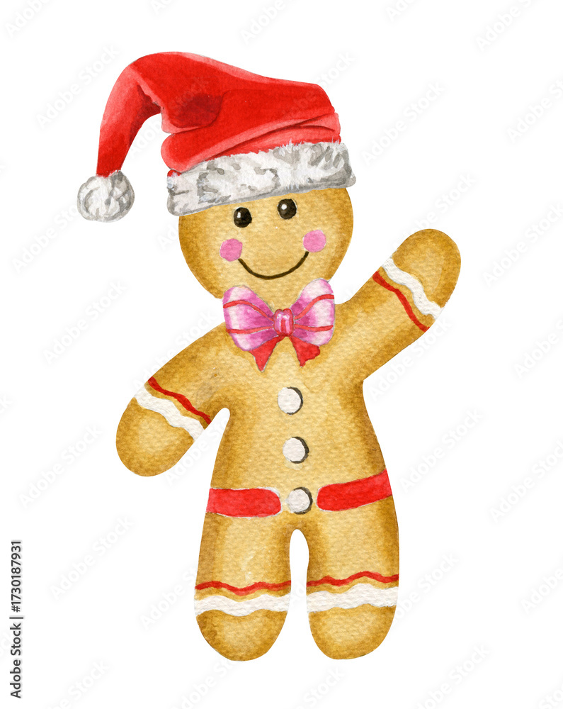 Fototapeta premium Watercolor gingerbread man in santa claus hat isolated on white background.