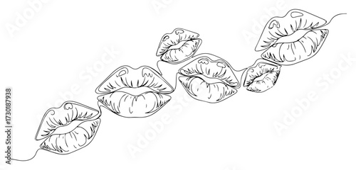 Single Continuous Line Drawing of Flying Kisses and Lips Marks