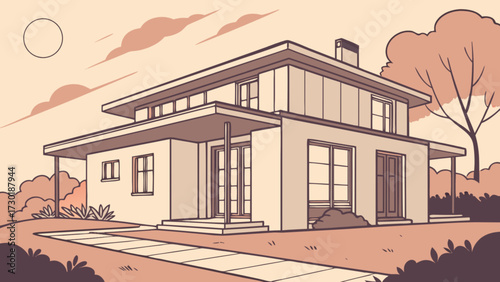 Illustration of a two story house with a flat roof and a walkway leading to the front door view