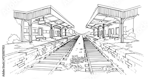 One Line Art Drawing of an Empty Train Station Platform and Railway Tracks