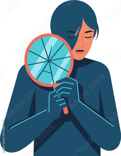 Depressed Woman Broken Mirror Mental Health Flat Graphic