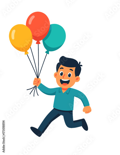 Happy Boy Running Holding Balloons Birthday Party Celebration