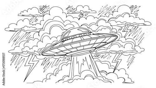 Alien UFO Hovering in a Dramatic Lightning Storm