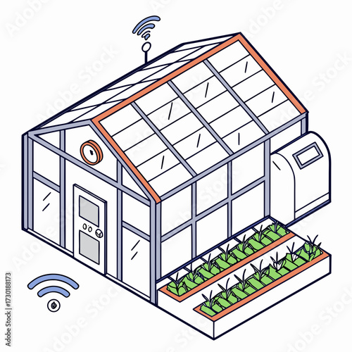 Isometric illustration of a smart greenhouse with wi fi connectivity featuring cultivated plants in raised beds and an attached storage unit symbolizing modern agriculture and technology integration