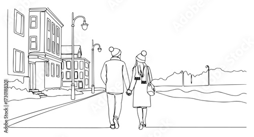 Romantic Couple Walking in a City Street in a Single Line Art